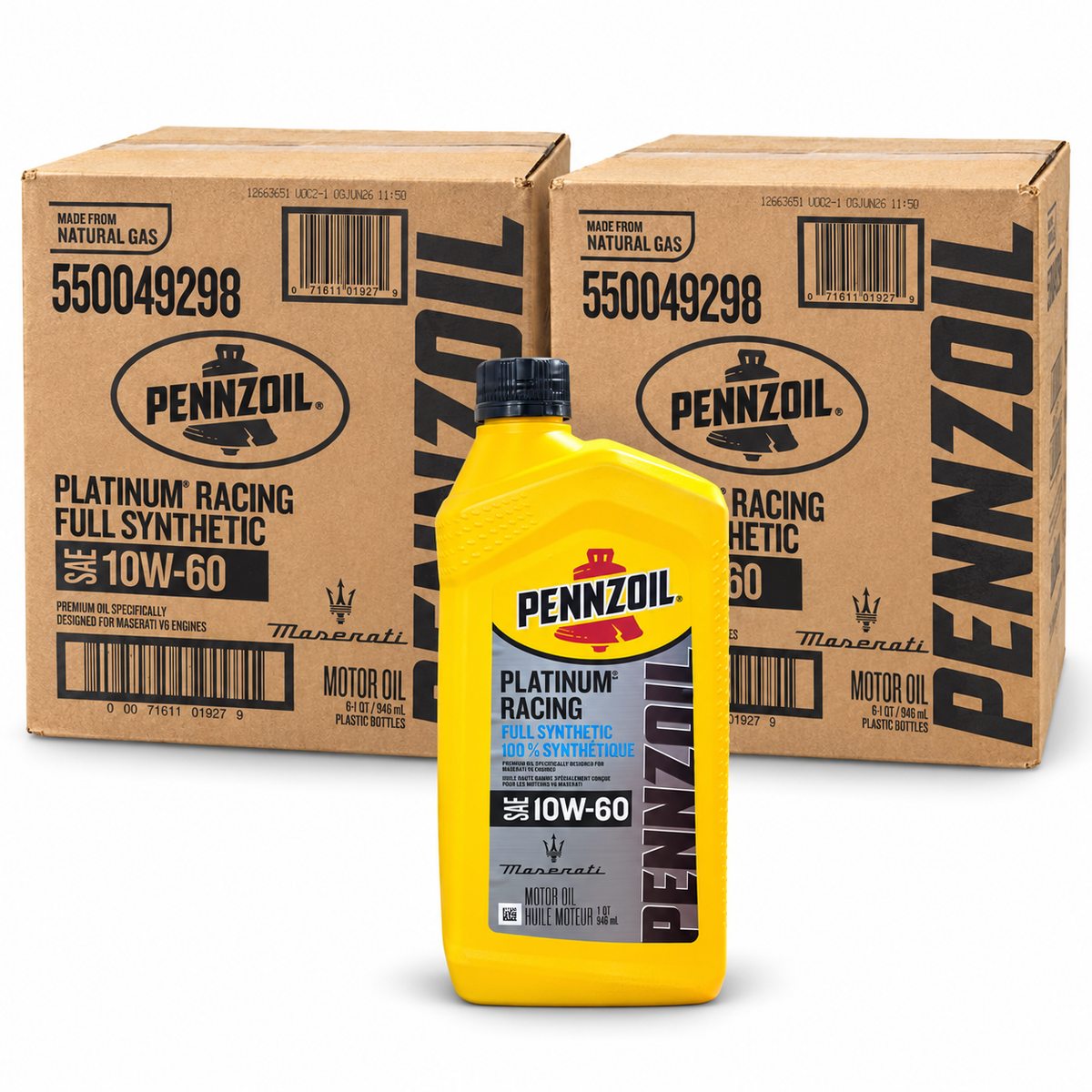 Pennzoil Platinum Racing 10W-60 — two original cartons containing twelve 1-quart bottles total; front bottle illustrates included contents. Based on actual stock photograph.