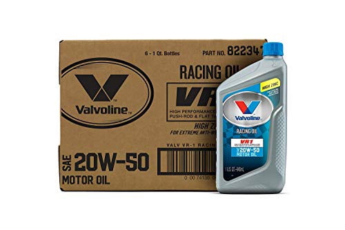 Valvoline VR1 Racing 20W-50 Motor Oil — Full Box (6 x 1 qt) — original carton and matching quart bottle; six bottles total.