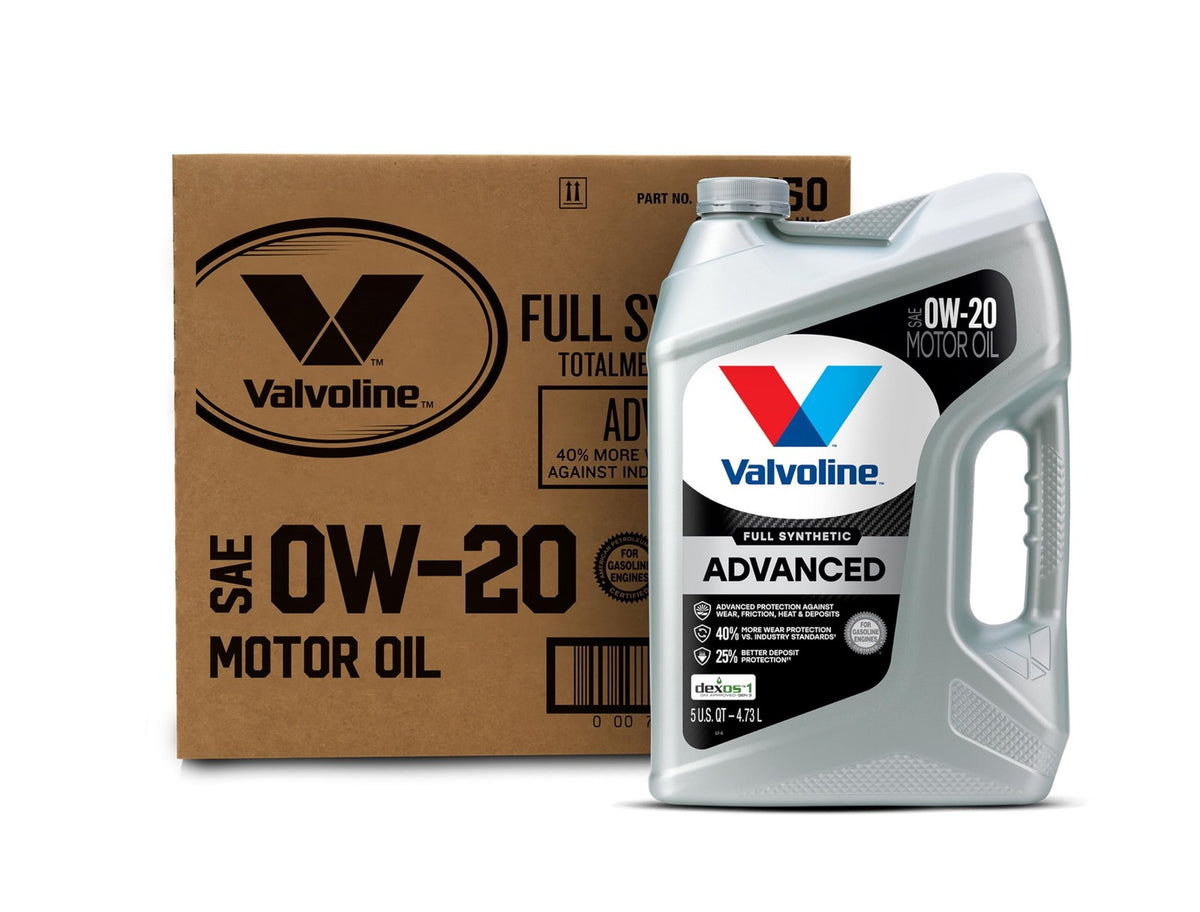 Valvoline Advanced Full Synthetic 0W-20 — original carton with matching 5 QT bottle; full box contains 3 bottles.
