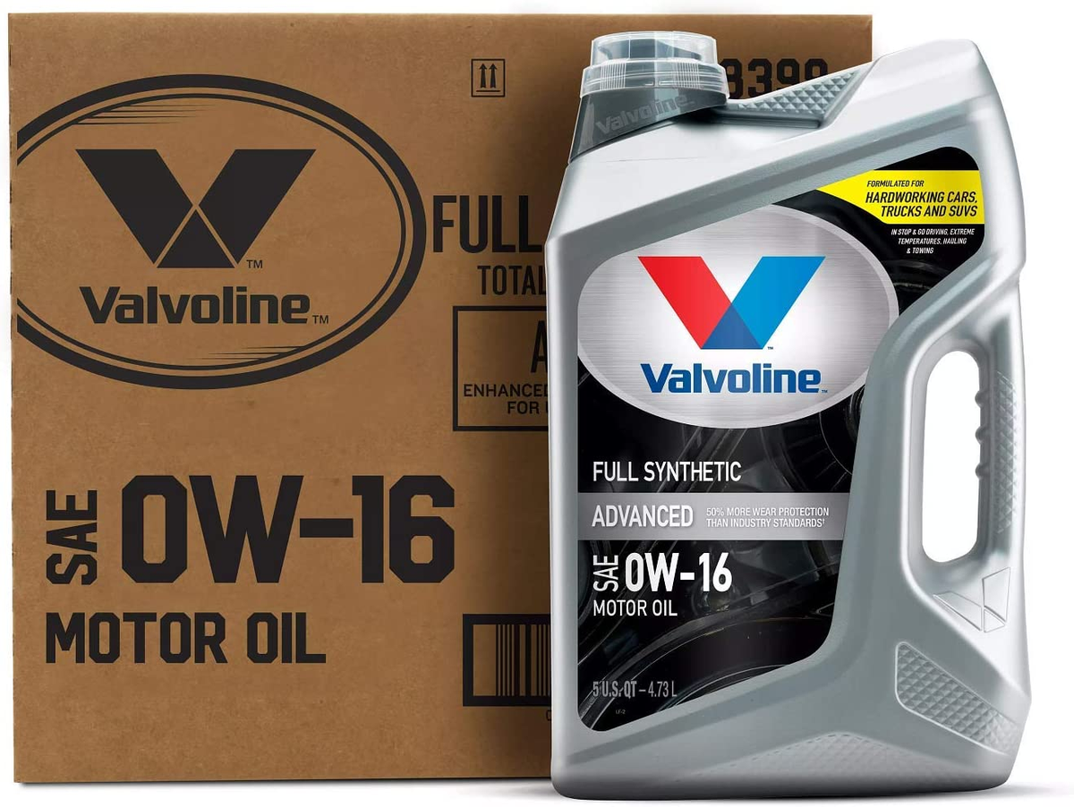 Valvoline Advanced Full Synthetic Easy Pour 0W-16 — full box of 3 x 5 QT; front bottle illustrates included contents.