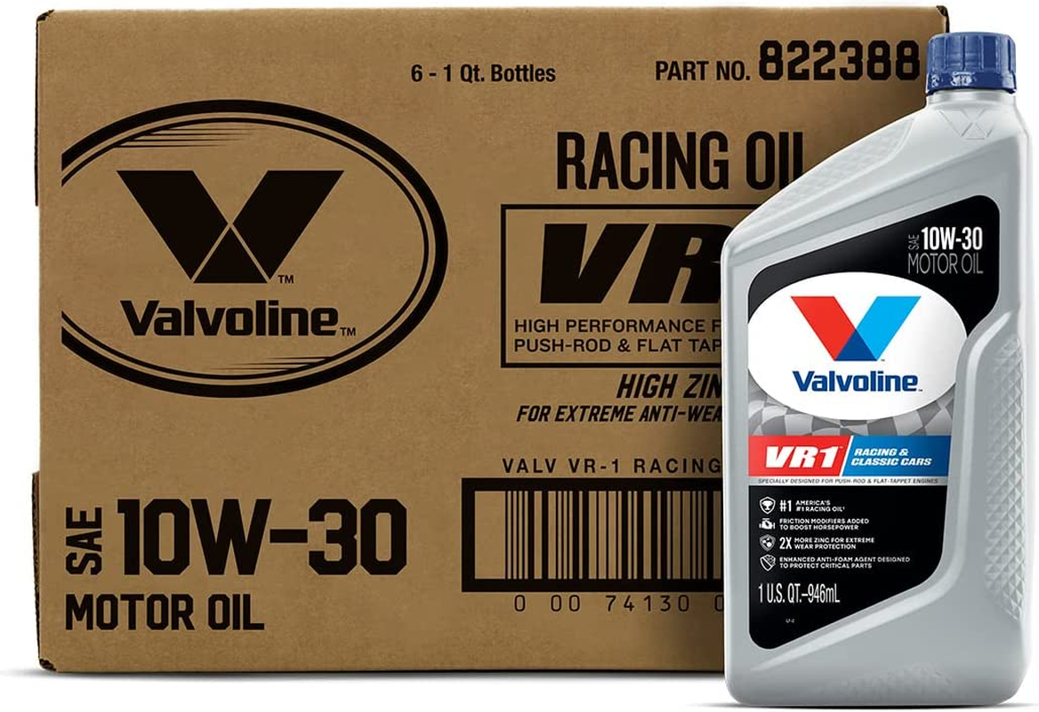 Valvoline VR1 Racing 10W-30 — full box of 6 x 1 QT; front bottle illustrates included contents.