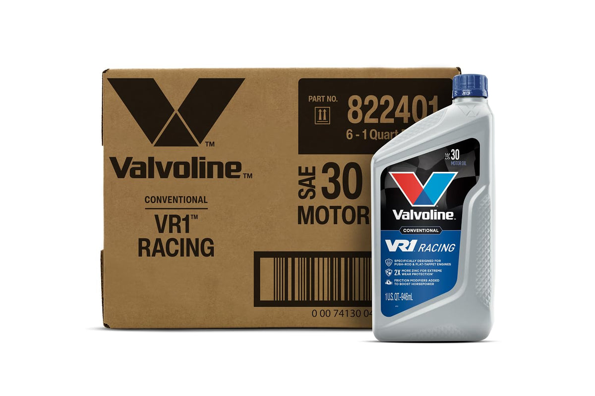 Valvoline VR1 Racing SAE 30 — full box of 6 x 1 QT; front bottle illustrates included contents.