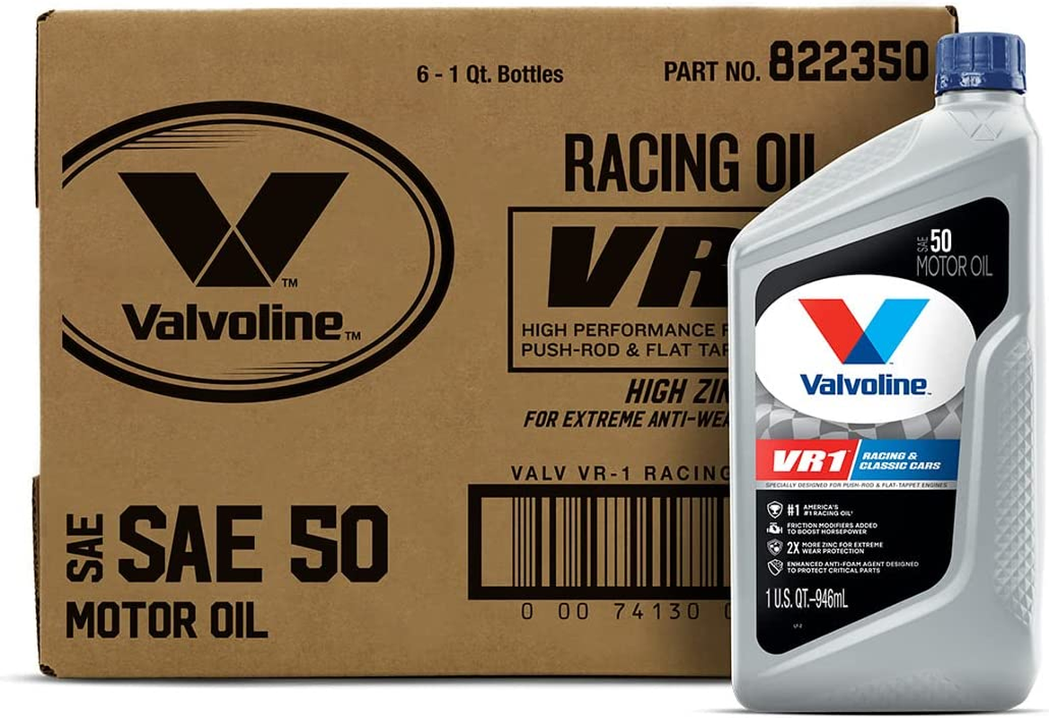 Valvoline VR1 Racing SAE 50 — full box of 6 x 1 QT; front bottle illustrates included contents.