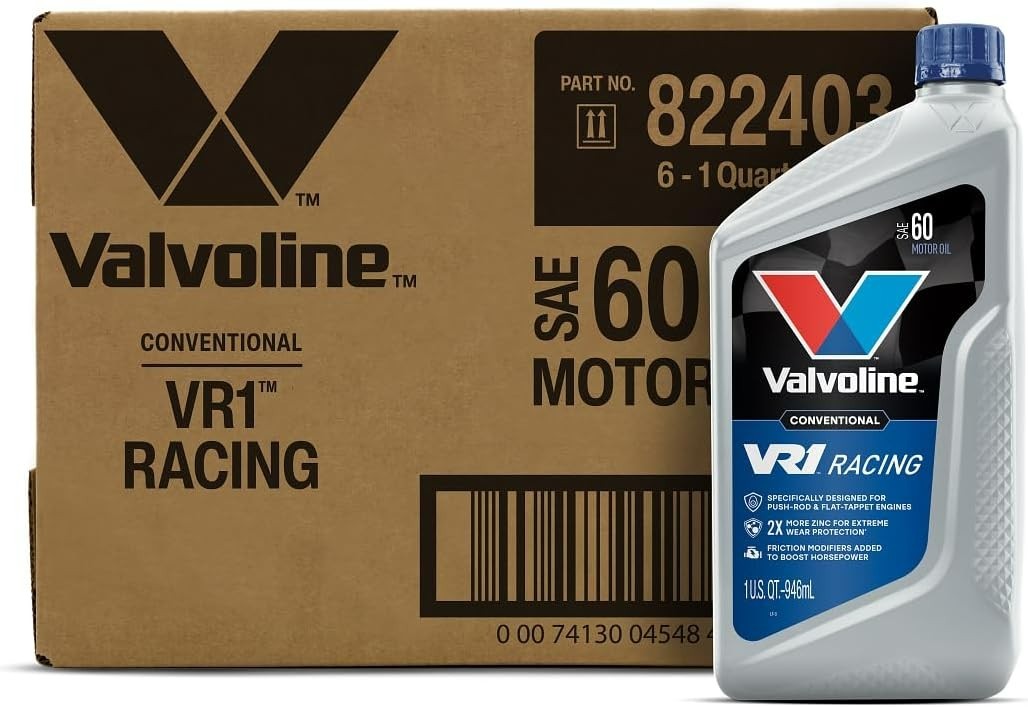 Valvoline VR1 Racing SAE 60 — full box of 6 x 1 QT; front bottle illustrates included contents.