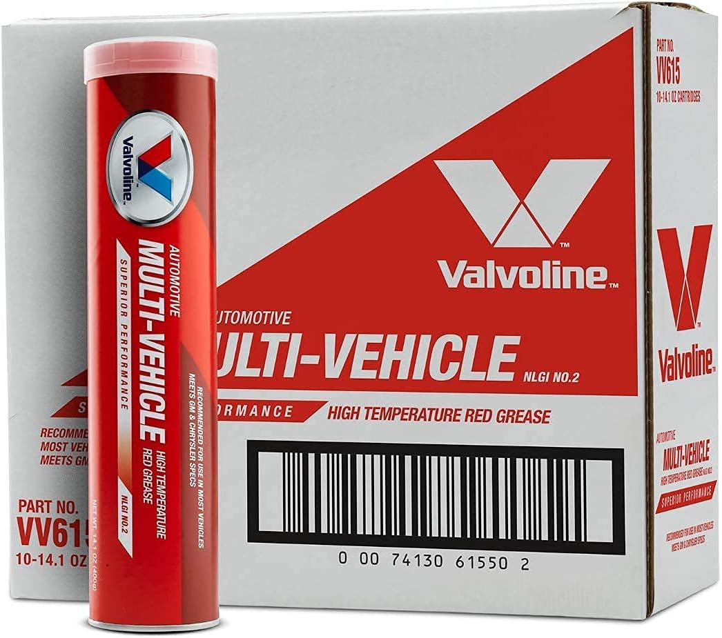 Valvoline Multi-Vehicle High Temperature Red Grease — carton with matching product, full box of 10 x 14.1 oz.