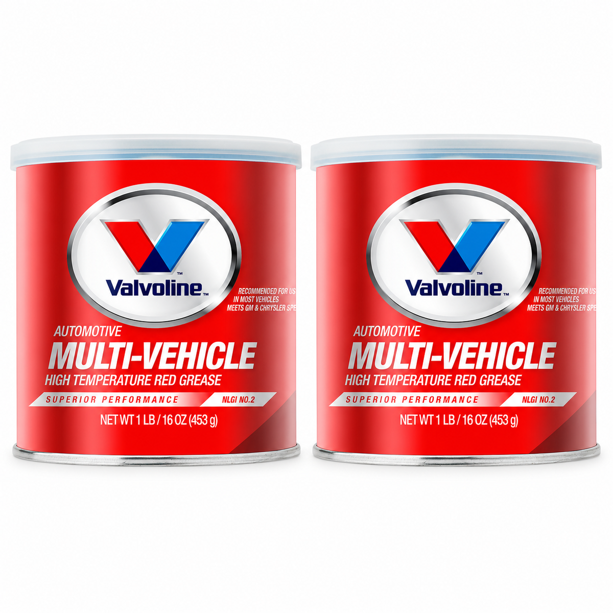 Two Valvoline Multi-Vehicle High Temperature Red Grease 1 lb tubs on a white background