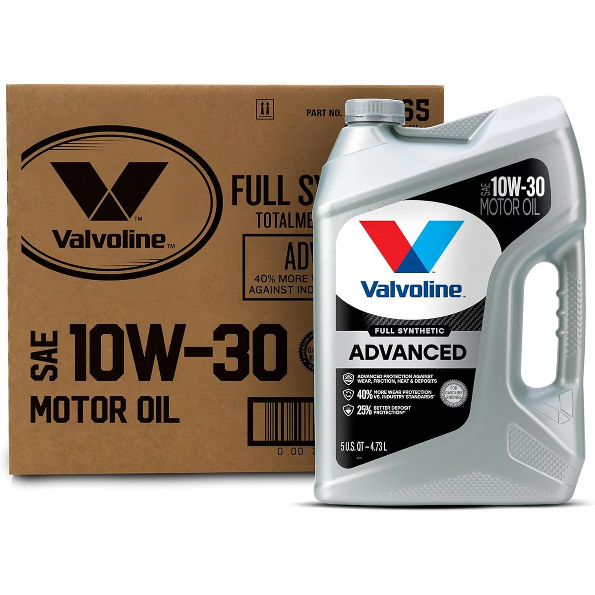 Valvoline Advanced Full Synthetic 10W-30 — original carton with matching 5 QT bottle; full box contains 3 bottles.