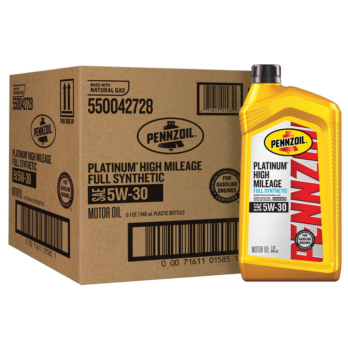 Pennzoil Platinum High Mileage Full Synthetic 5W-30 — original six-quart carton and bottle