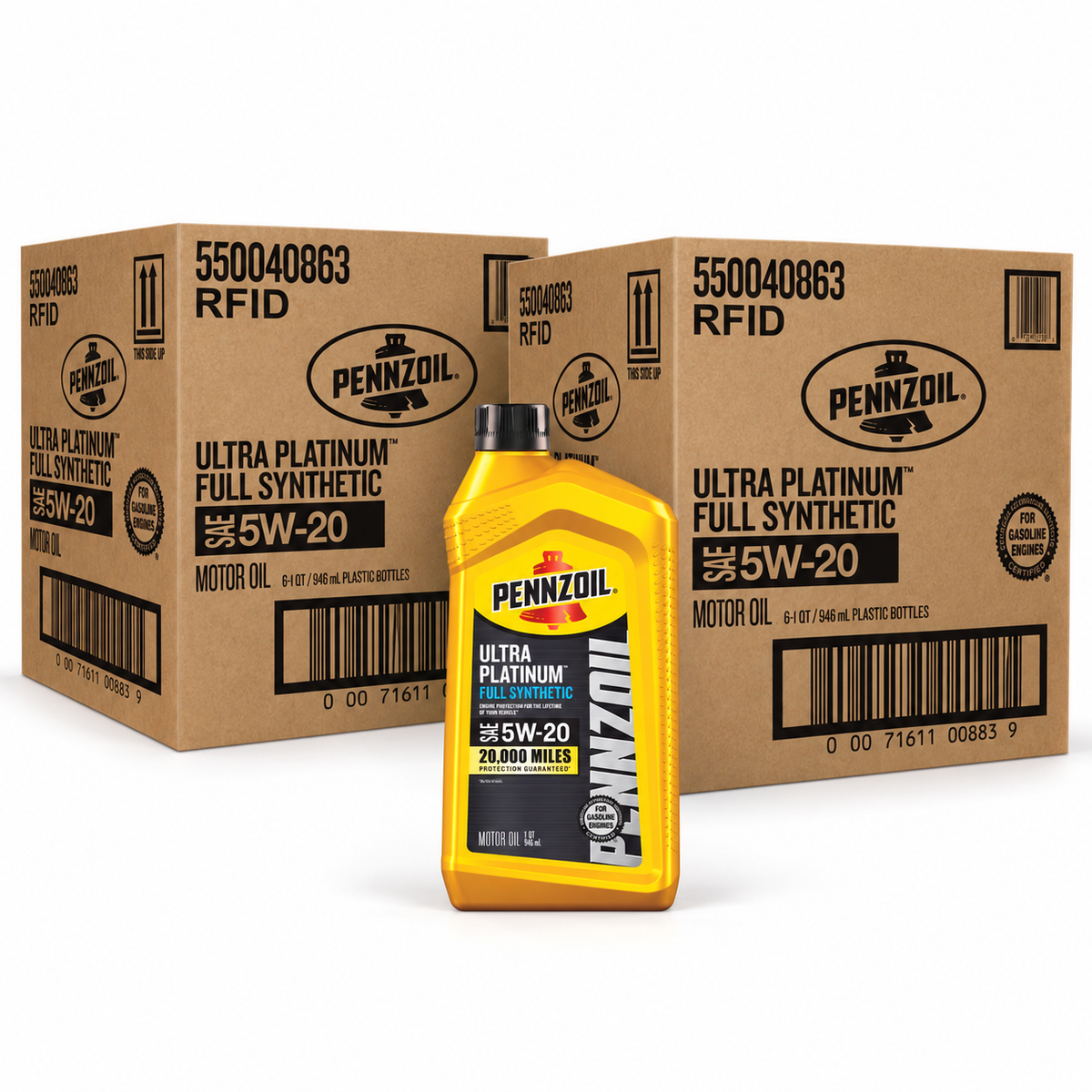 Pennzoil Ultra Platinum Full Synthetic 5W-20 — two cases containing twelve 1-quart bottles total; bottle illustrates contents