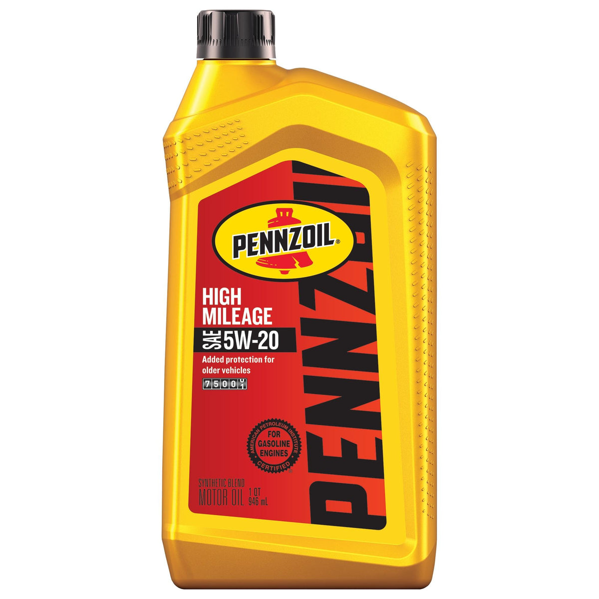 Pennzoil High Mileage Synthetic Blend 5W-20 — individual 1-quart bottle reference; choose 6- or 12-bottle case option
