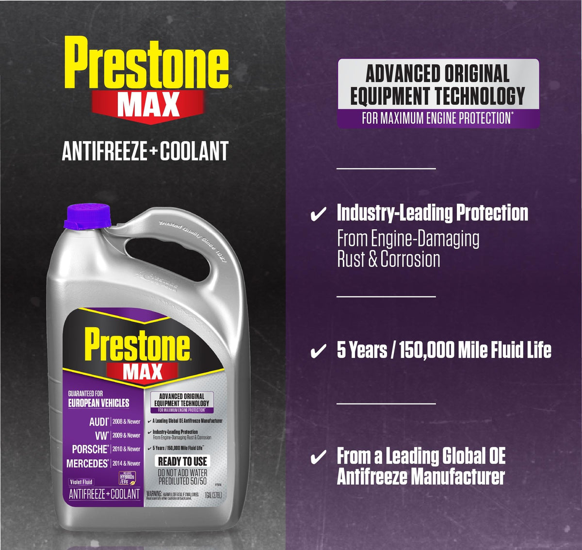 Prestone AF6510 MAX European Vehicles Violet Antifreeze and Coolant, 1 Gallon, Pack of 6