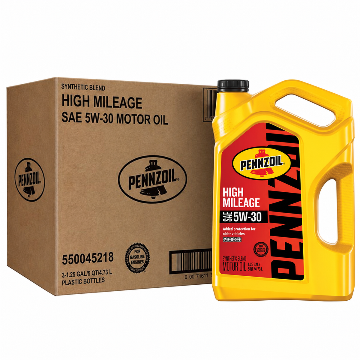 Pennzoil High Mileage 5W-30 — original carton with three 5-quart jugs; shown bottle included in total