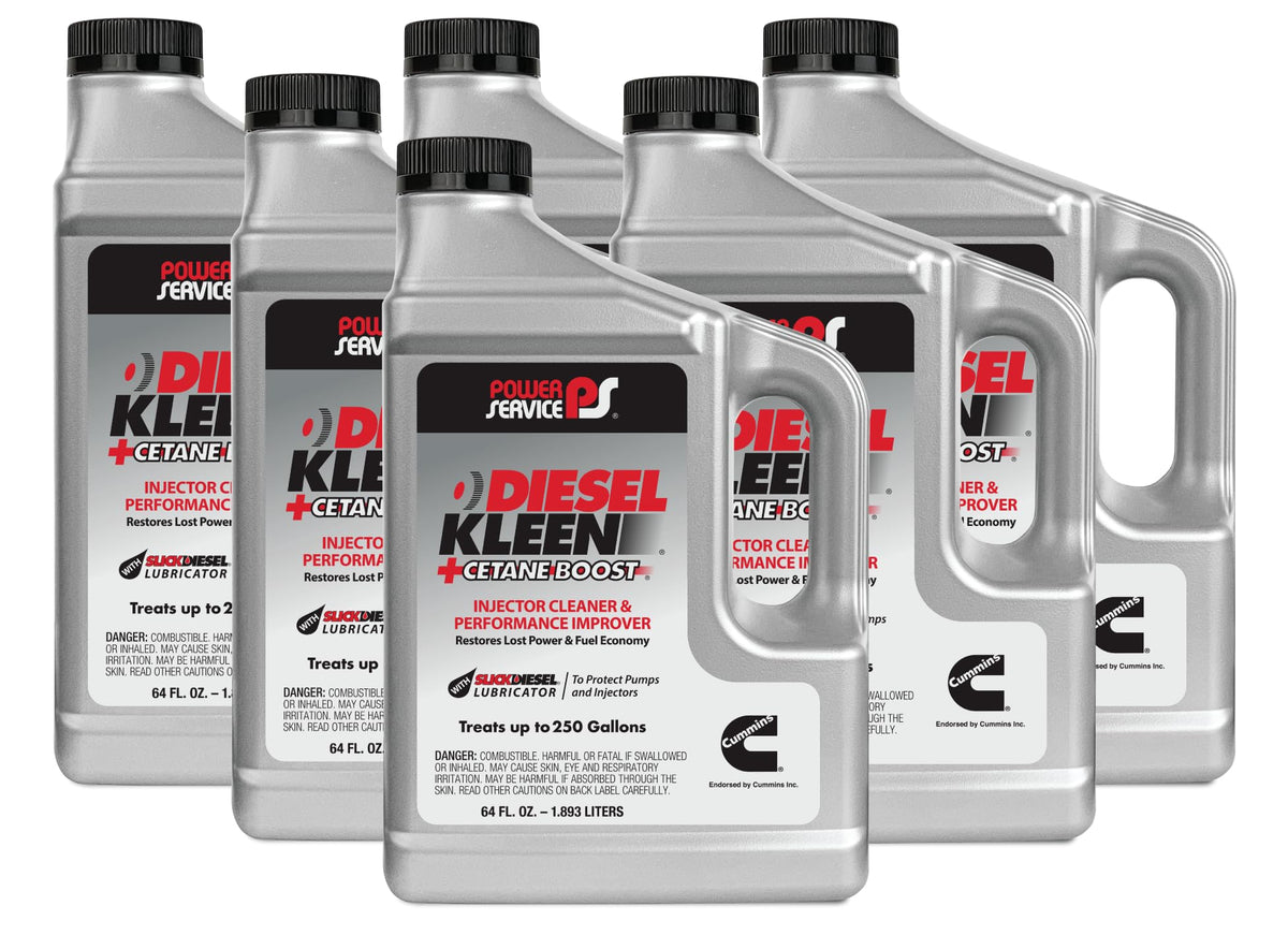 Power Service Diesel Kleen + Cetane Boost 64oz Bottle (6 Pack) - Universal Fit, Boosts Cetane Up to 6 Numbers, Cleans Injectors, 10.17536 Liters