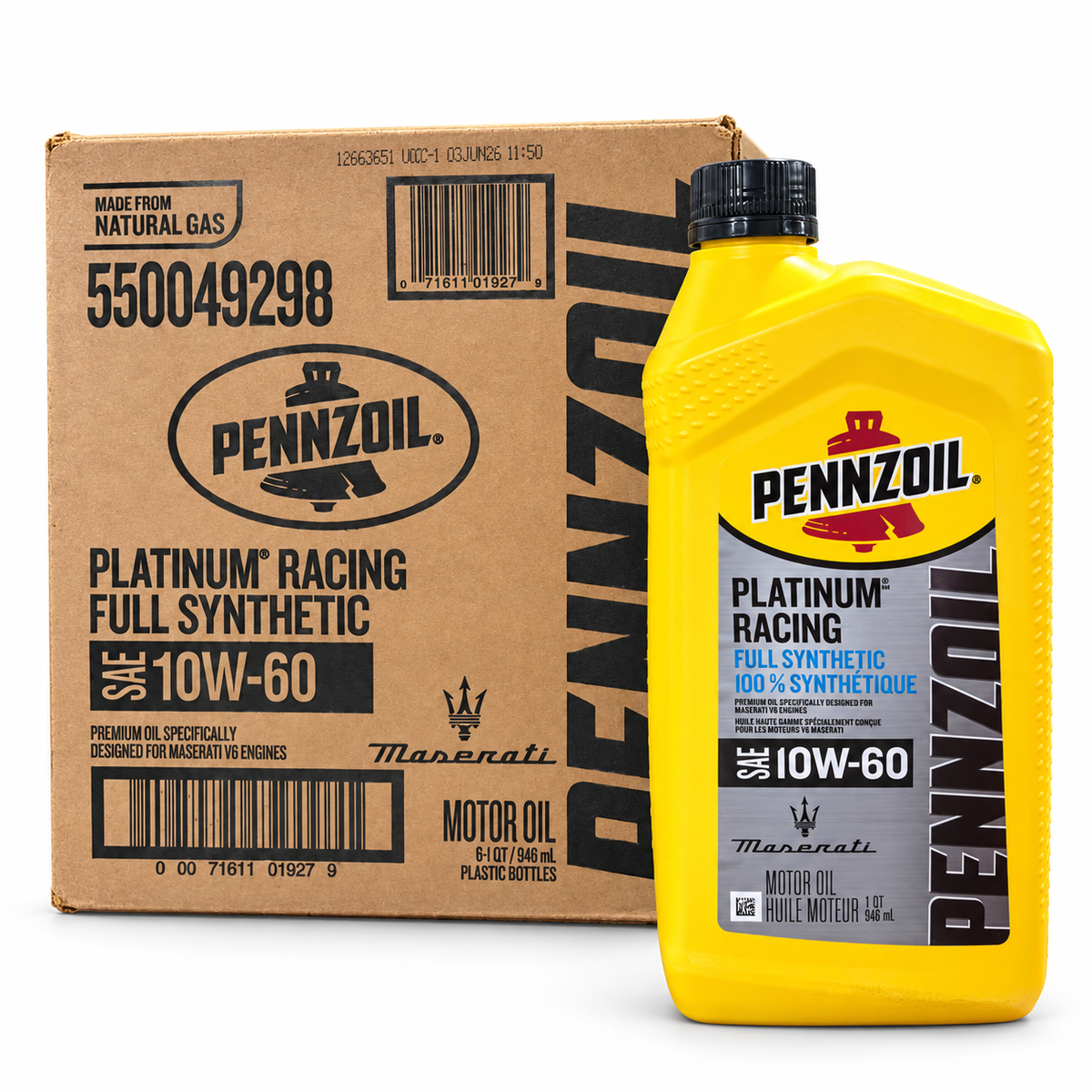 Pennzoil Platinum Racing 10W-60 — one original carton containing six 1-quart bottles total; front bottle illustrates included contents. Based on actual stock photograph.
