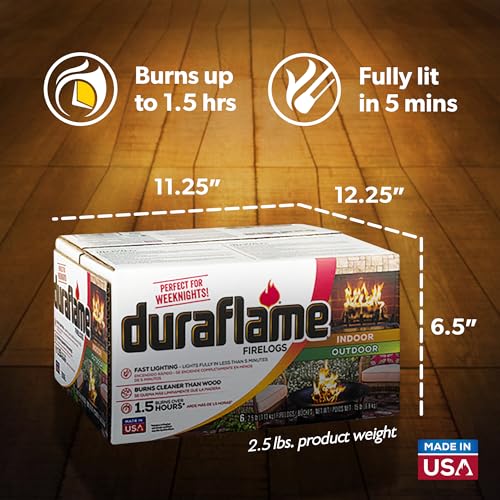 Duraflame 2.5lb Indoor Outdoor Quick Light Firelog for Camping, Firepits, Bonfires, and Fireplaces, 1.5 Hour Long Burn Time, 6 Pack