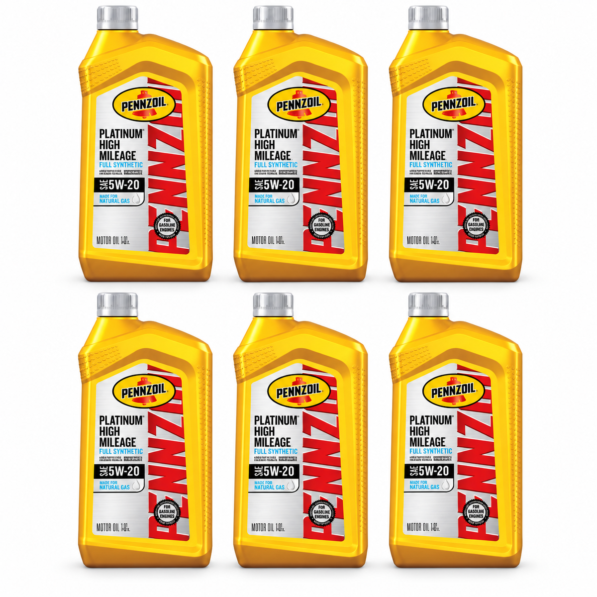 Pennzoil Platinum High Mileage Full Synthetic 5W-20 Motor Oil — six 1-quart bottles