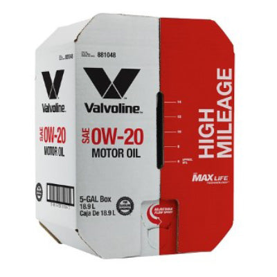 Valvoline MaxLife High Mileage Synthetic Blend 0W-20 Motor Oil — 5 Gallon Bay Box — original packaging.