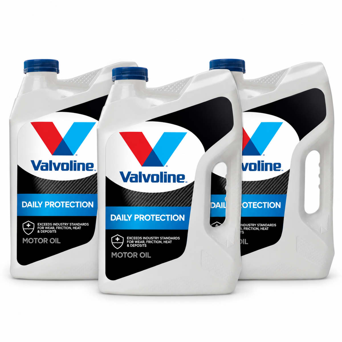 Valvoline Daily Protection Synthetic Blend 5W-20 — 3 x 5 qt, full pack contents on a white background.