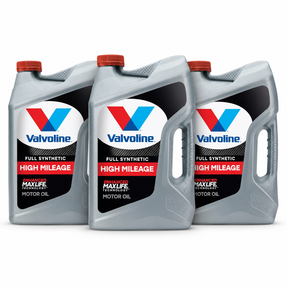 Valvoline MaxLife High Mileage Full Synthetic 5W-20 — 3 x 5 qt, full pack contents on a white background.