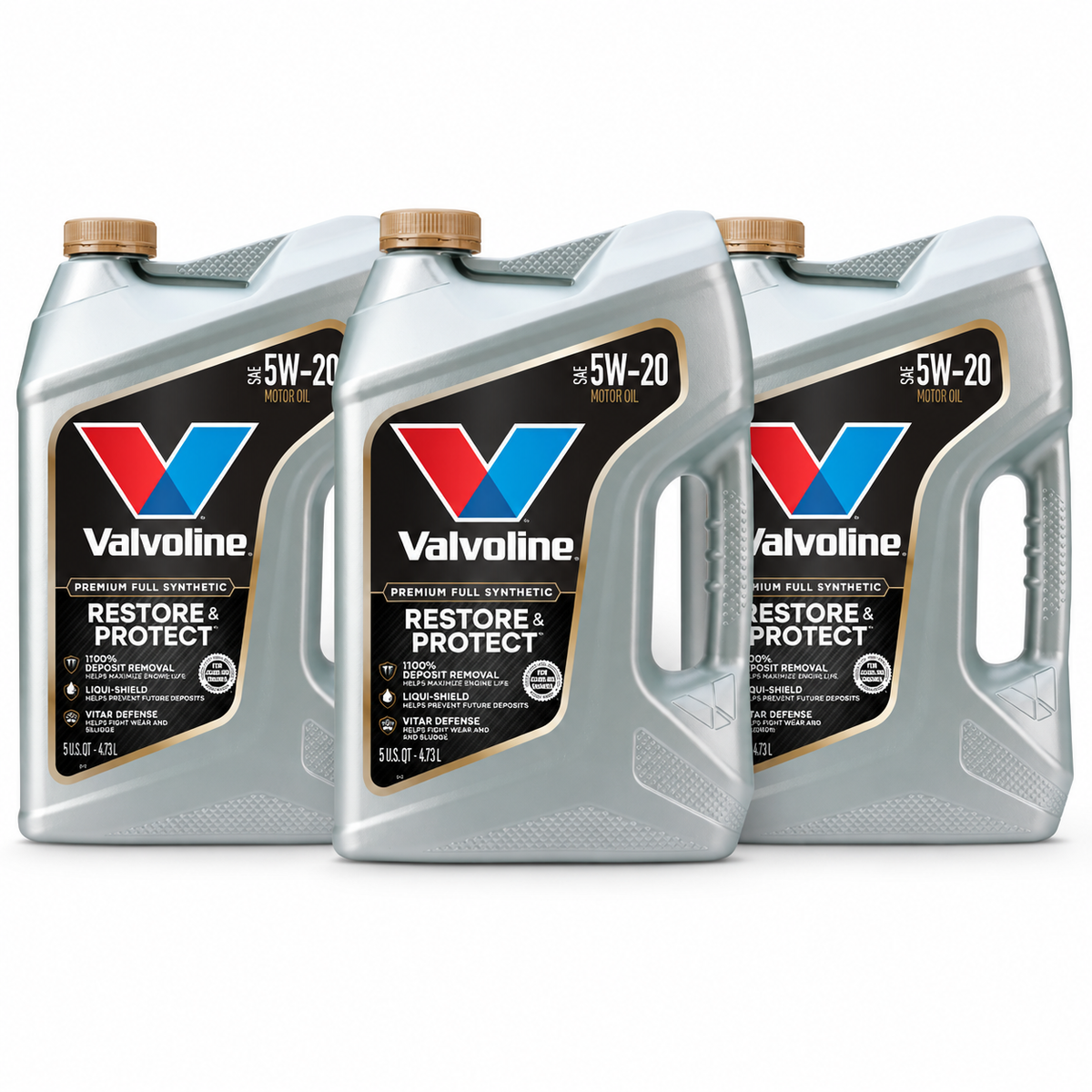 Valvoline Restore & Protect Full Synthetic 5W-20 — 3 x 5 qt, full pack contents on a white background.