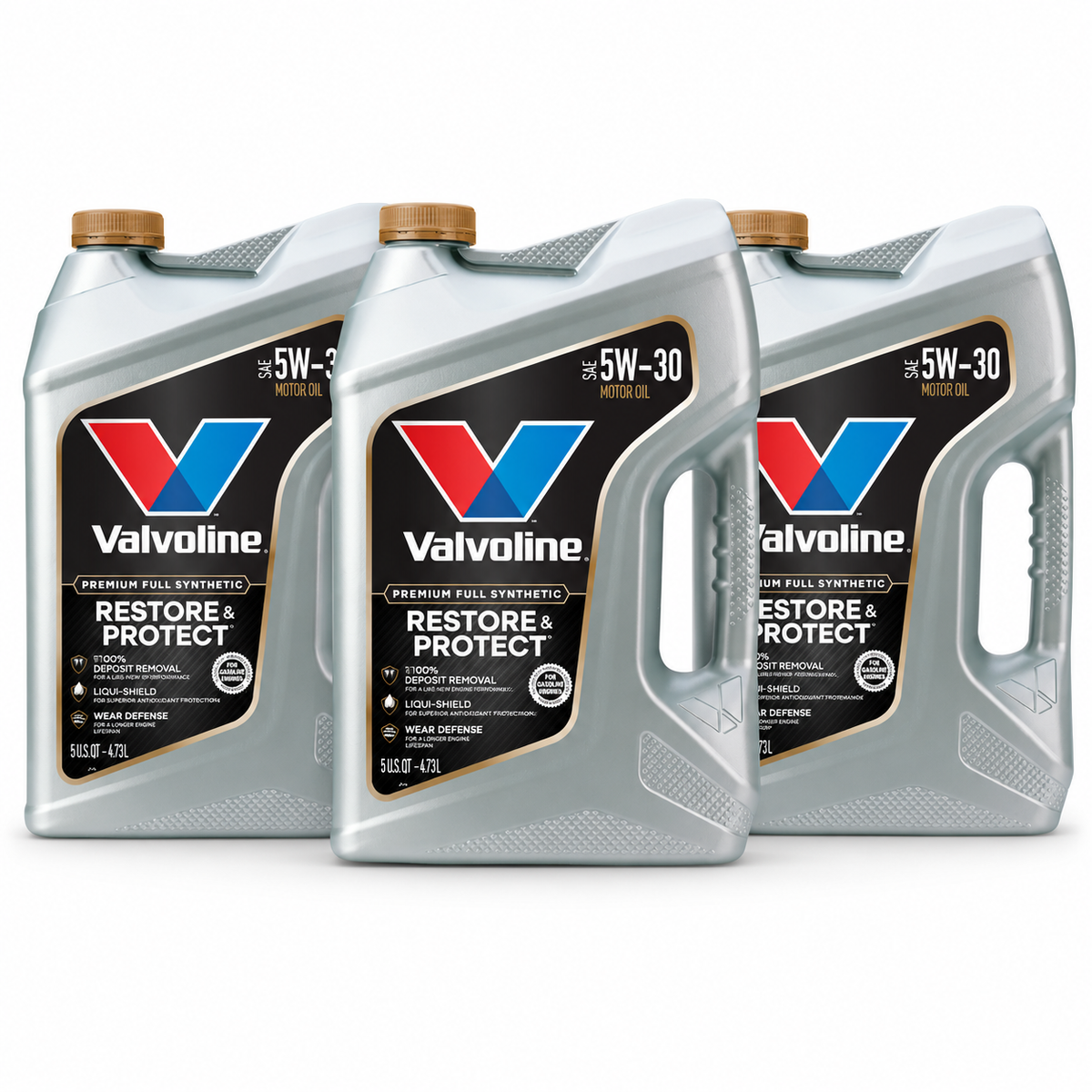Valvoline Restore & Protect Full Synthetic 5W-30 — 3 x 5 qt, full pack contents on a white background.