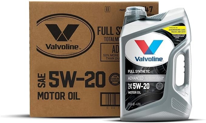 Valvoline Advanced Full Synthetic 5W-20 — full box of 3 x 5 QT; front bottle illustrates included contents.
