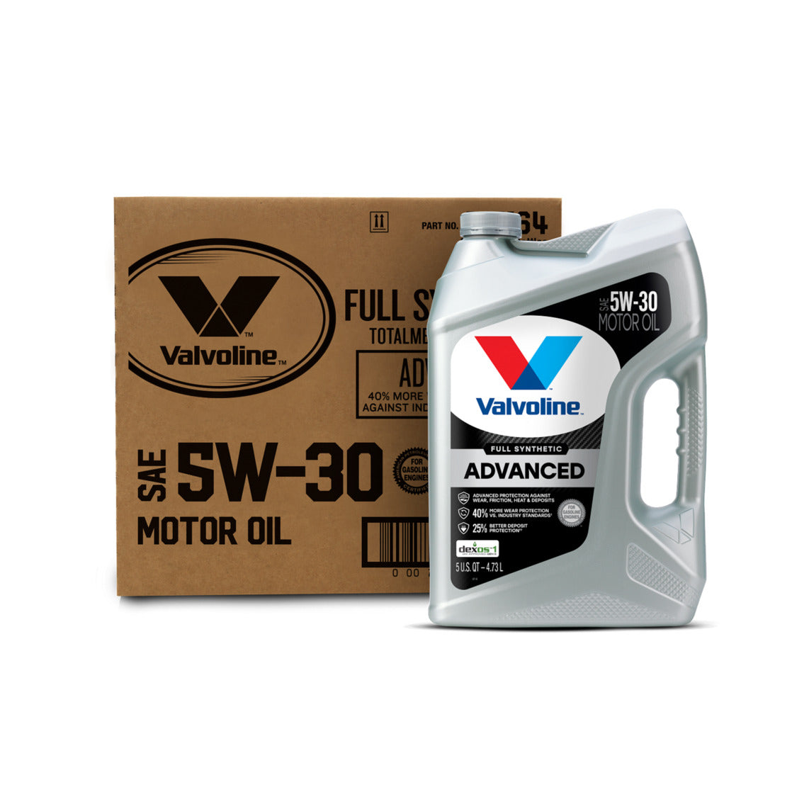 Valvoline Advanced Full Synthetic 5W-30 — full box of 3 x 5 QT; front bottle illustrates included contents.