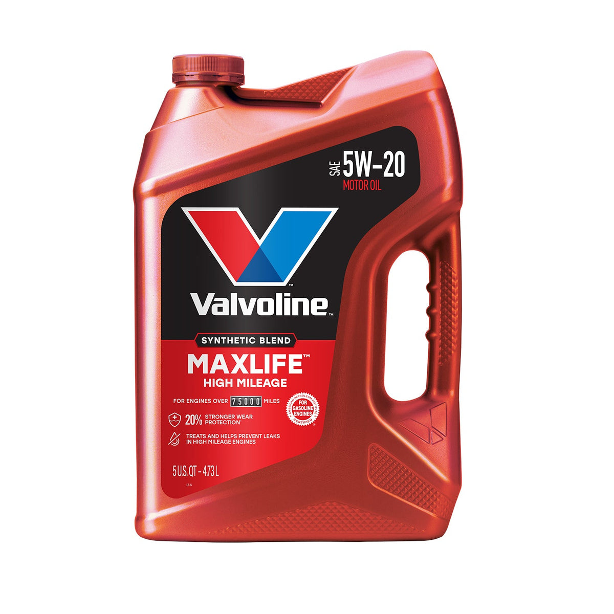 Valvoline High Mileage MaxLife Synthetic Blend 5W-20 — one 5 QT jug.