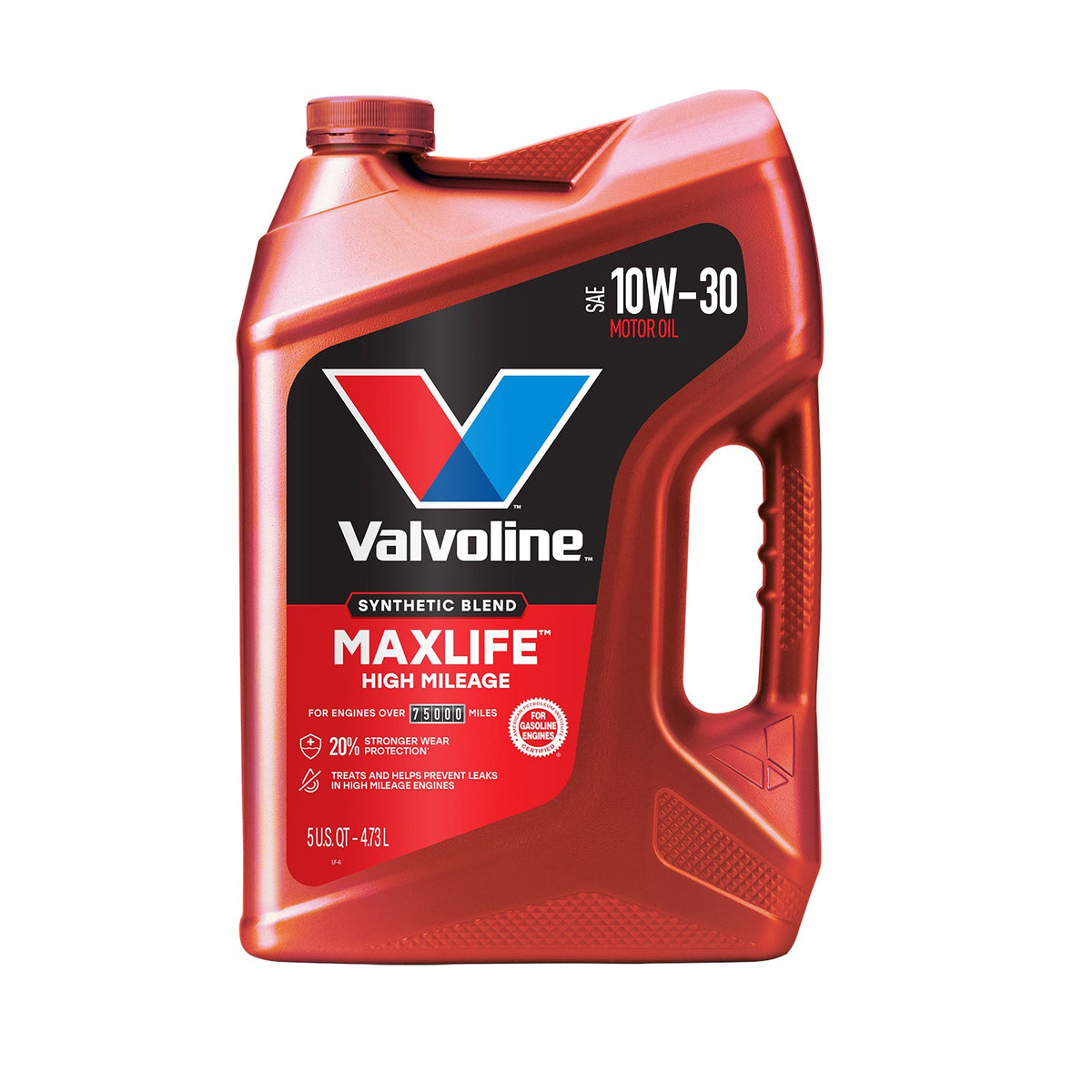 Valvoline High Mileage MaxLife Synthetic Blend 10W-30 — one 5 QT jug.