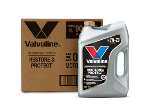 Valvoline Restore & Protect Full Synthetic 0W-20 — full box of 3 x 5 QT; front bottle illustrates included contents.