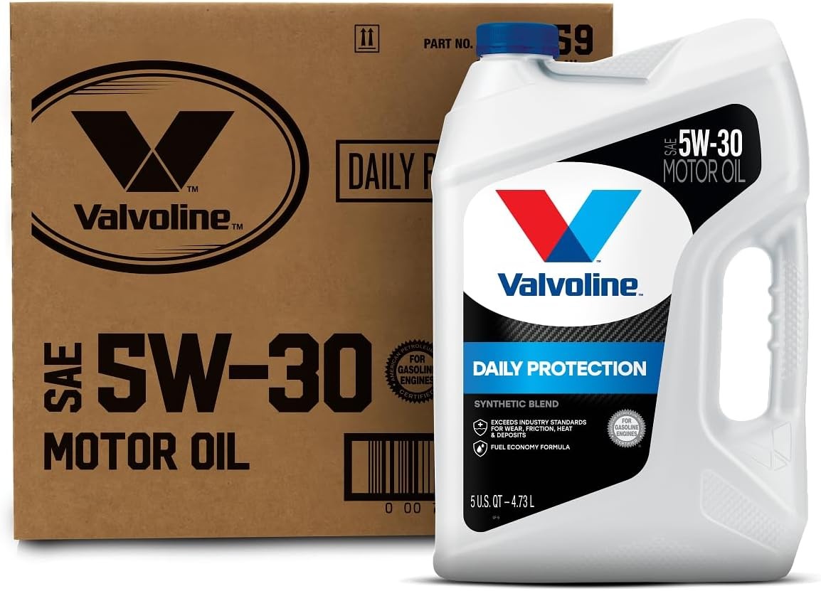Valvoline Daily Protection Synthetic Blend 5W-30 — original carton with matching 5 QT bottle; full box contains 3 bottles.