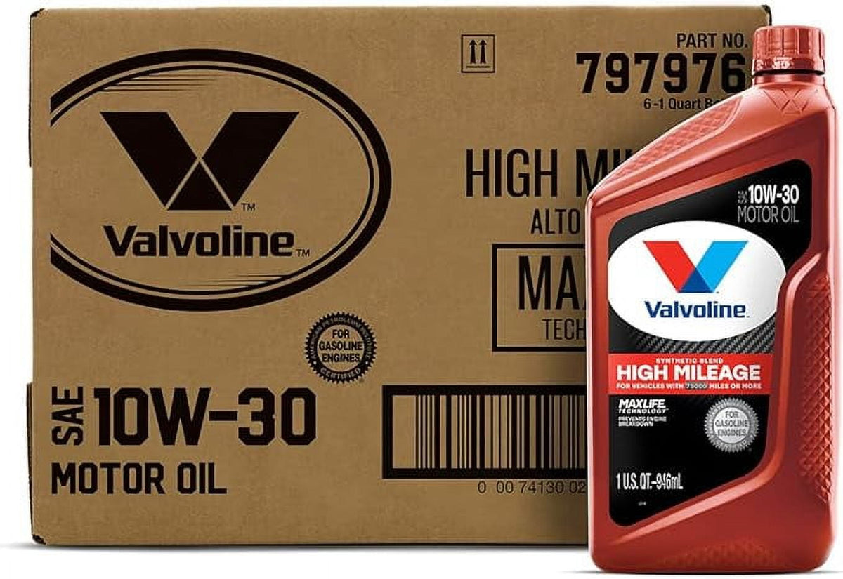 Valvoline High Mileage MaxLife Synthetic Blend 10W-30 — full box of 6 x 1 QT; front bottle illustrates included contents.