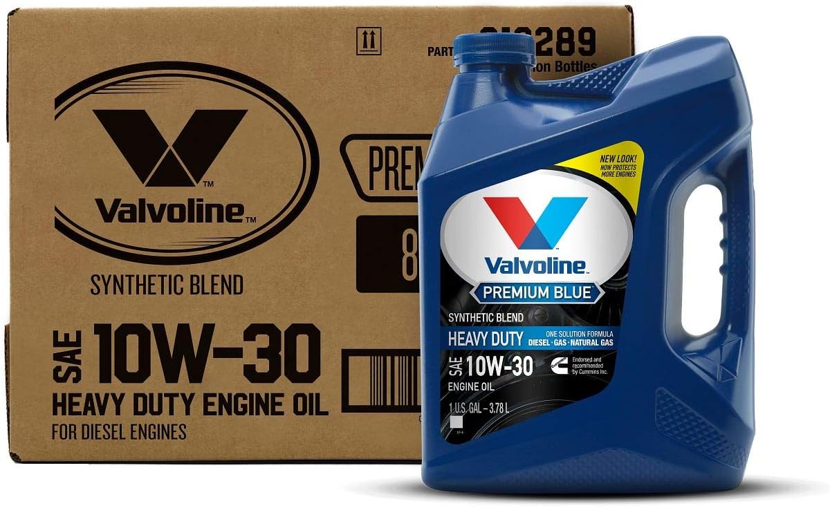 Valvoline Premium Blue Diesel 10W-30 — full box of 3 x 1 GA; front bottle illustrates included contents.
