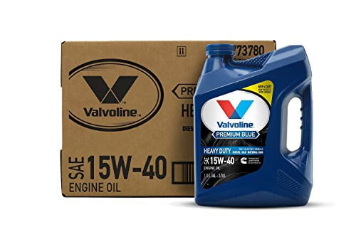 Valvoline Premium Blue Diesel 15W-40 — full box of 3 x 1 GA; front bottle illustrates included contents.