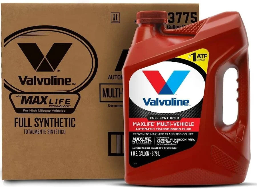 Valvoline MaxLife Multi-Vehicle Full Synthetic ATF — original carton with matching 1 GA bottle; full box contains 3 bottles.