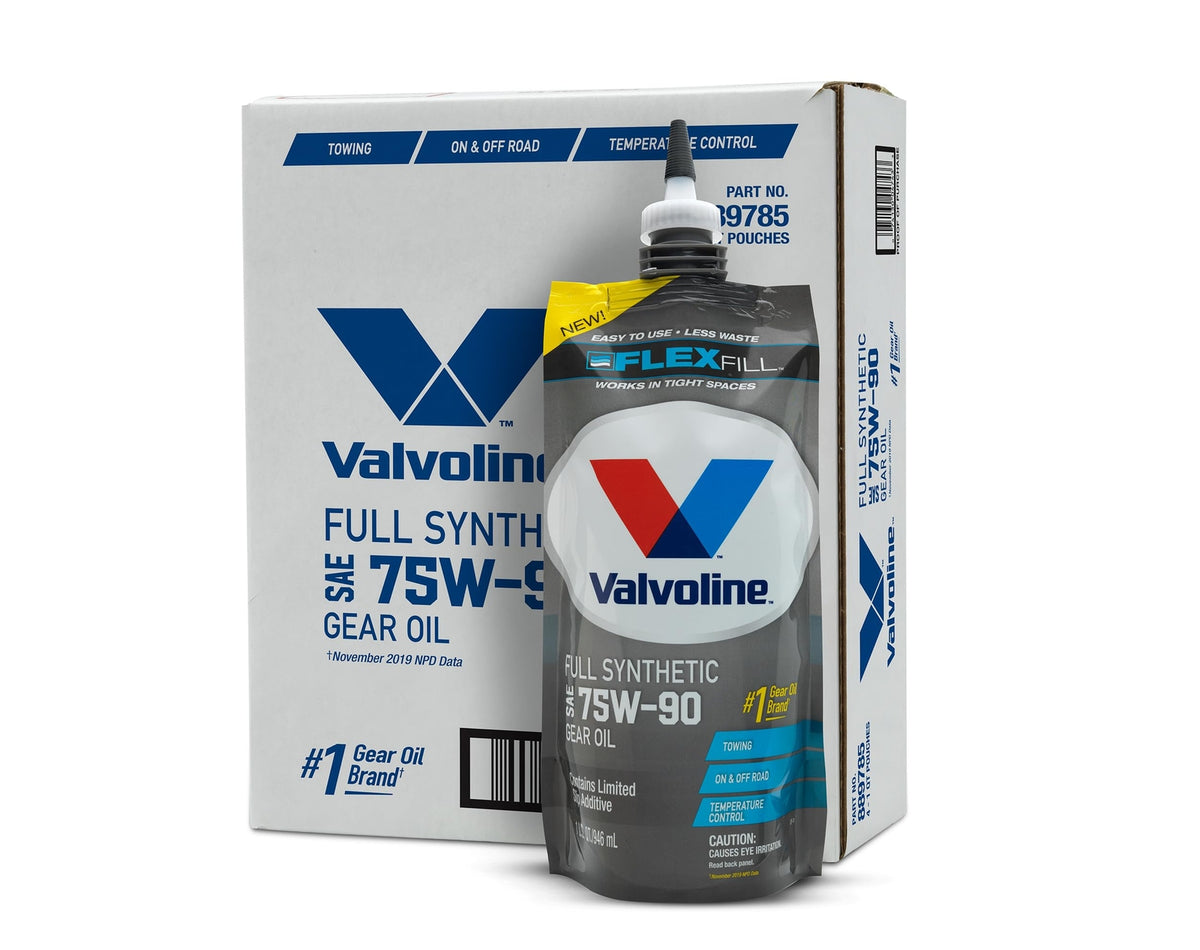 Valvoline FlexFill SAE 75W-90 Full Synthetic Gear Oil — carton with matching product, full box of 4 x 1 Quart.