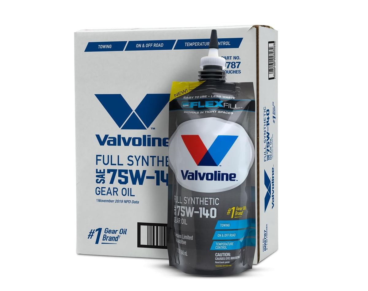 Valvoline FlexFill 75W-140 Full Synthetic Gear Oil — carton and matching product, full box of 4 1 Quart pouches.