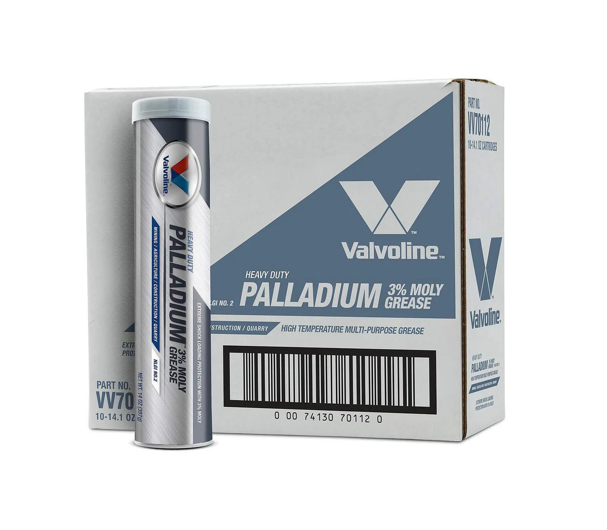 Valvoline Palladium #2 3% Moly Heavy Duty Grease — carton and matching product, full box of 10 14.1 oz cartridges.
