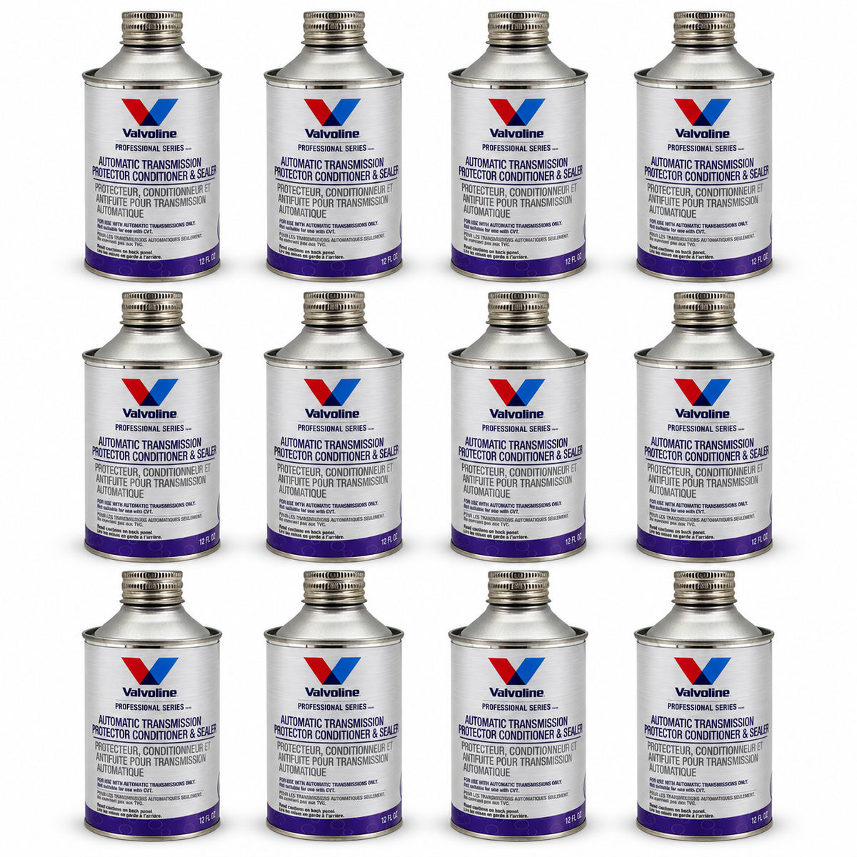 Twelve Valvoline Professional Series Automatic Transmission Conditioner 12 fl oz containers on a white background