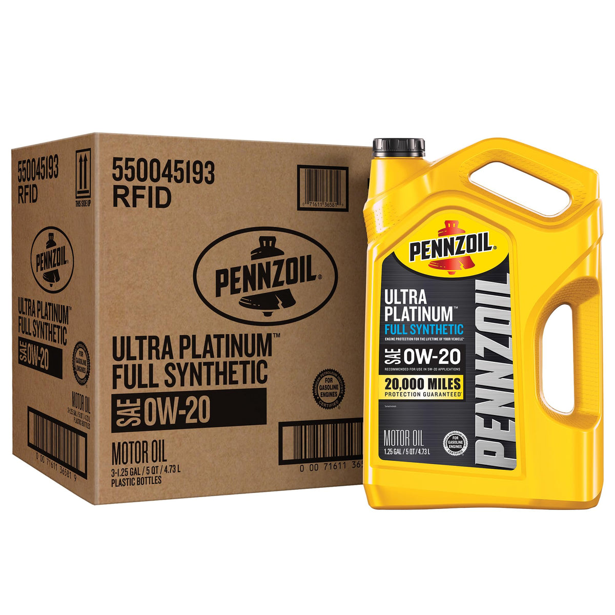 Pennzoil Ultra Platinum Full Synthetic 0W-20 — original carton containing three 5-quart jugs
