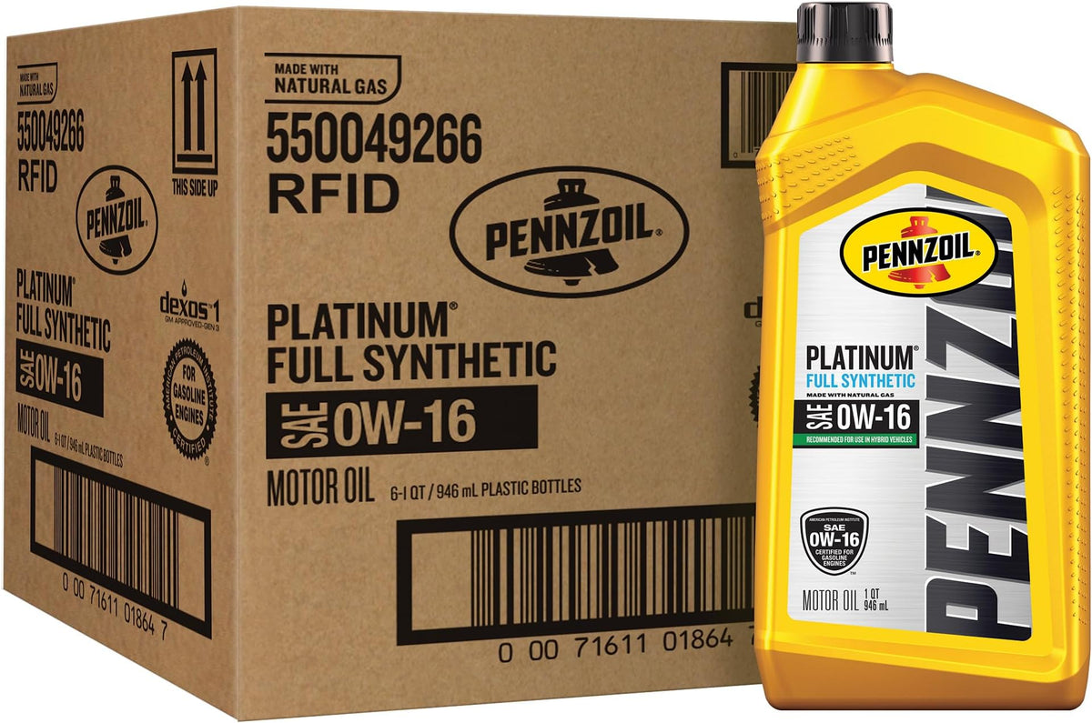 Pennzoil Platinum Full Synthetic 0W-16 — original six-quart carton and bottle