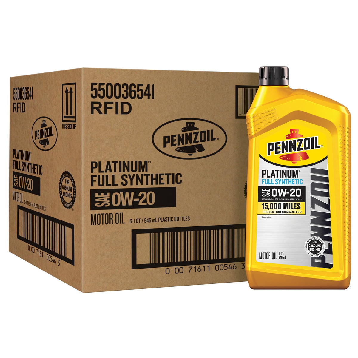 Pennzoil Platinum Full Synthetic 0W-20 — original six-quart carton and bottle
