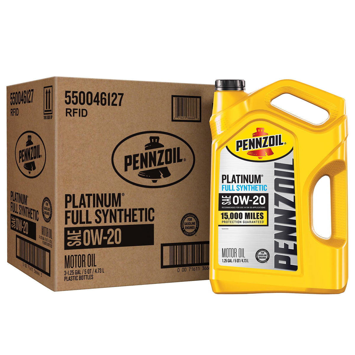 Pennzoil Platinum Full Synthetic 0W-20 — original carton containing three 5-quart jugs