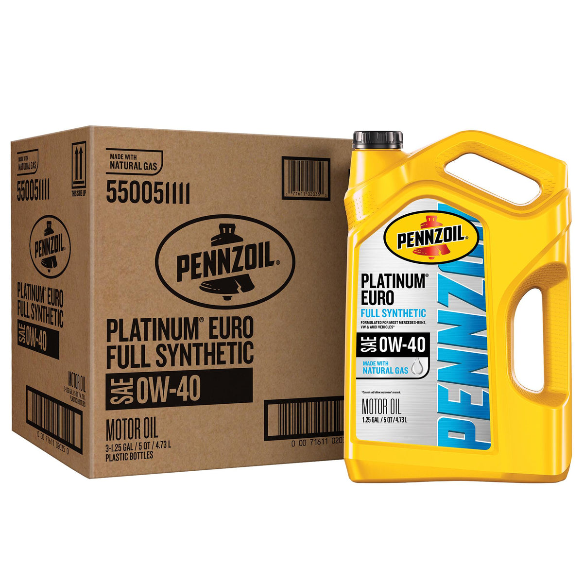 Pennzoil Platinum Euro Full Synthetic 0W-40 — original carton containing three 5-quart jugs