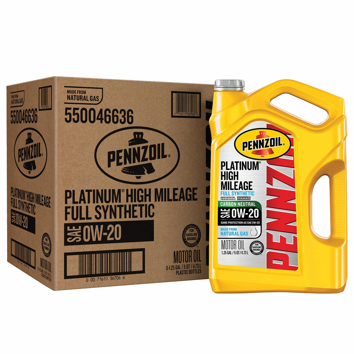Pennzoil Platinum High Mileage Full Synthetic 0W-20 — original carton containing three 5-quart jugs