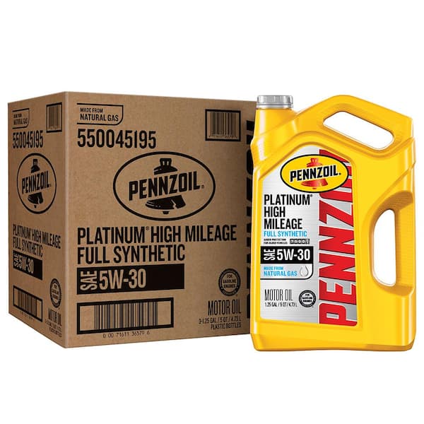 Pennzoil Platinum High Mileage Full Synthetic 5W-30 — original carton containing three 5-quart jugs
