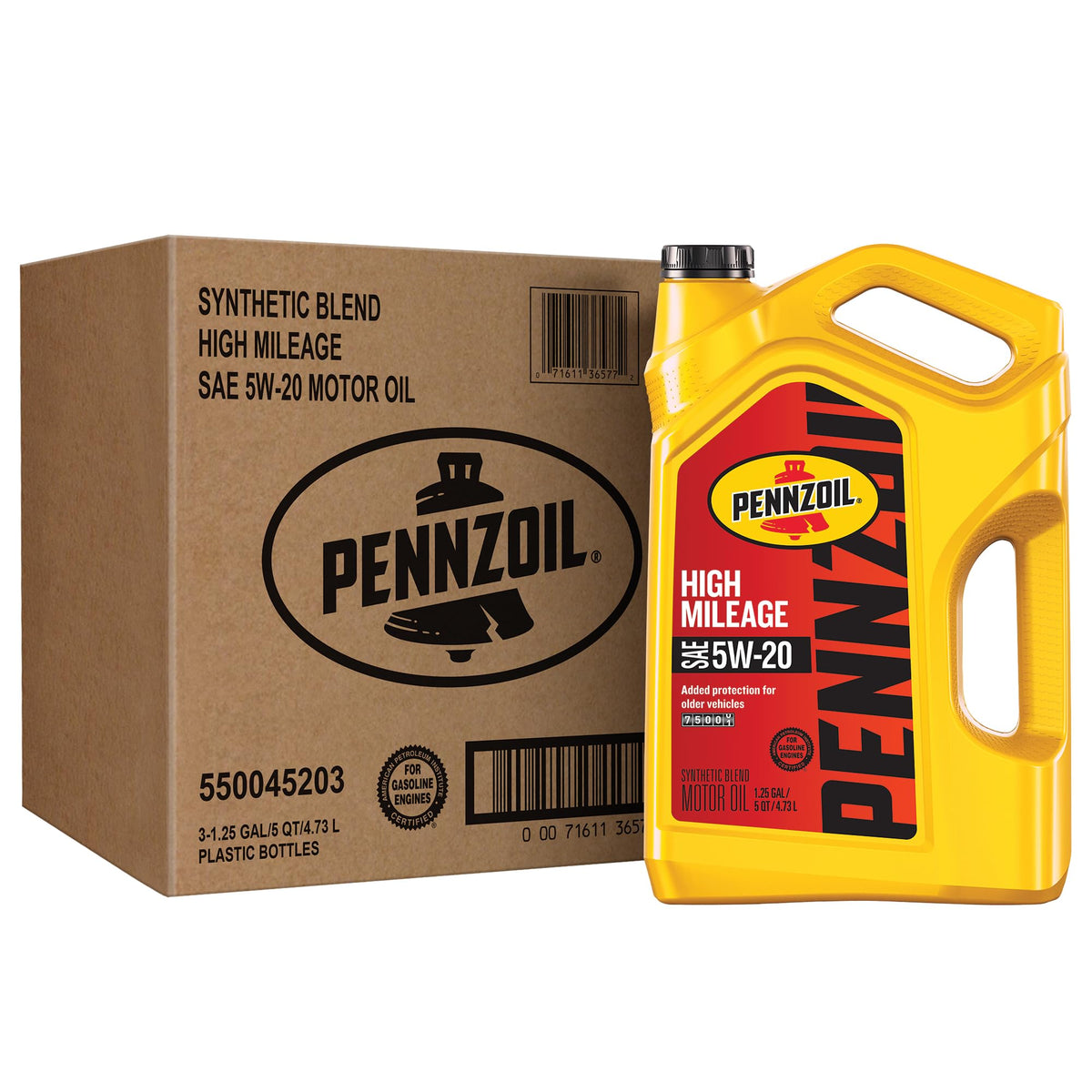 Pennzoil High Mileage 5W-20 — original carton containing three 5-quart jugs