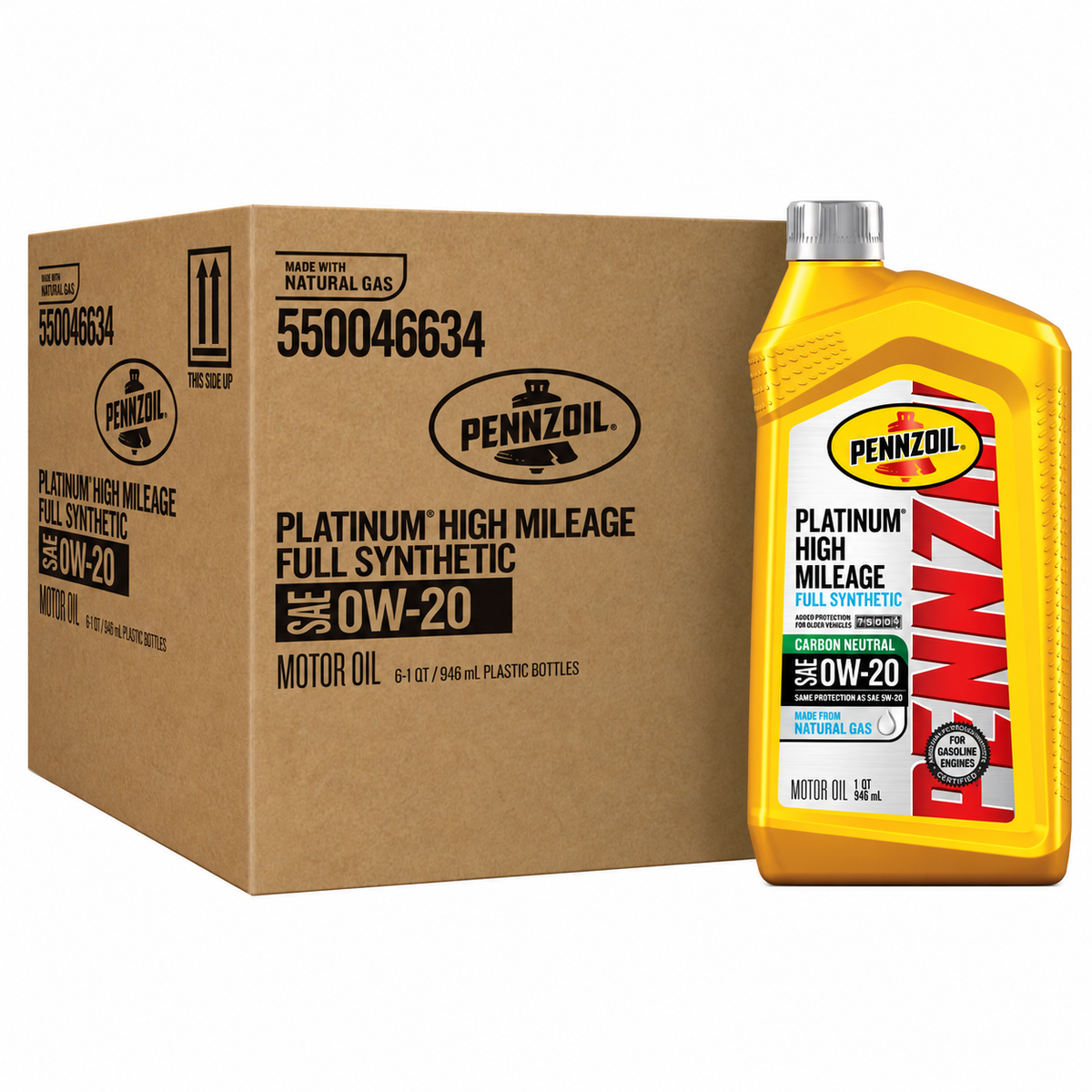 Pennzoil Platinum High Mileage 0W-20 — six-quart carton and included quart bottle; packaging illustration adapted from the 5W-30 carton design