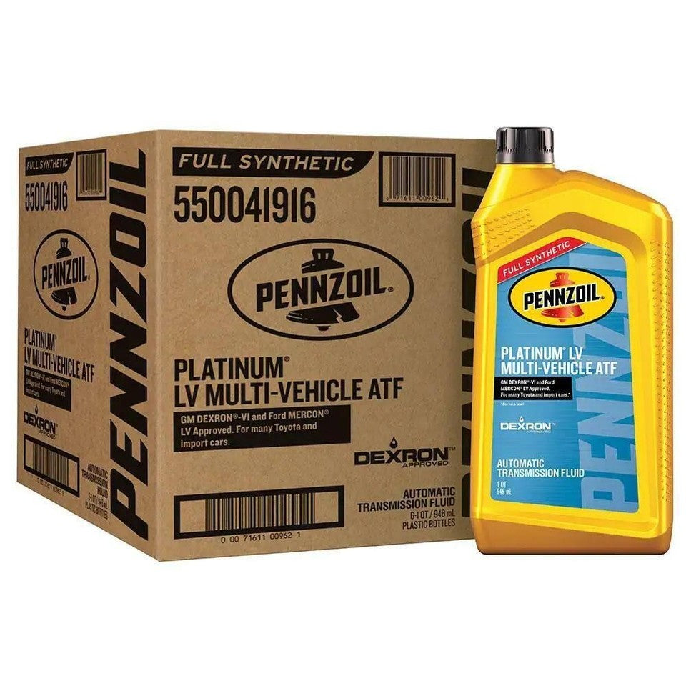 Pennzoil Platinum LV Multi-Vehicle ATF — original 6 × 1-quart carton with a quart bottle shown in front; bottle included in the six-quart total
