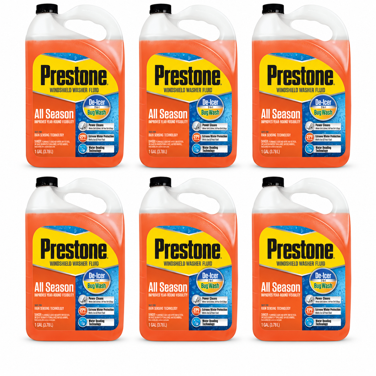 Prestone AS658 Deluxe 2-in-1 Windshield Washer Fluid, 1 Gallon - six 1-gallon bottles